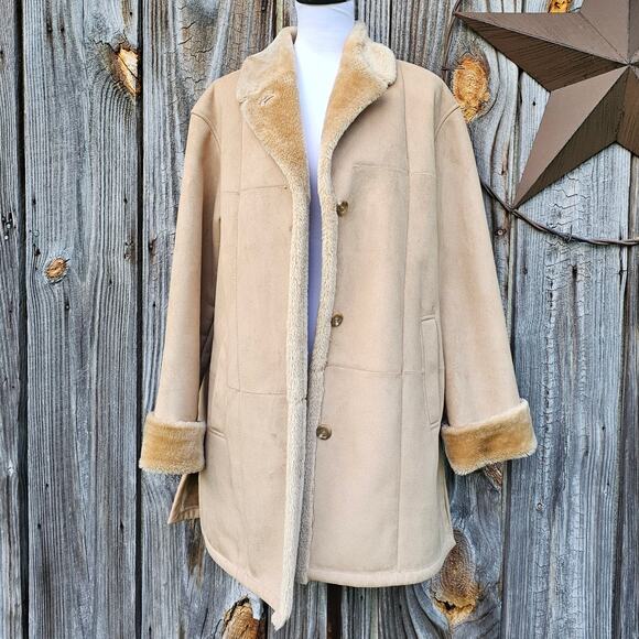 fleet street Jackets & Blazers - VTG 90s Penny Lane Coat Size L Tan Faux Suede Plush Fur Patchwork Fleet Street